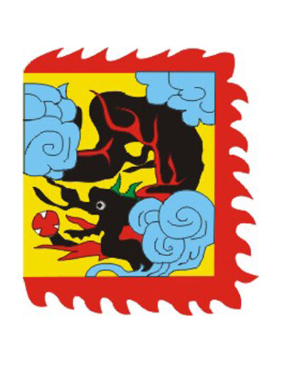 The Flag of the Joseon dynasty – a yellow flag with a black Chinese style dragon and blue clouds with red fringe.